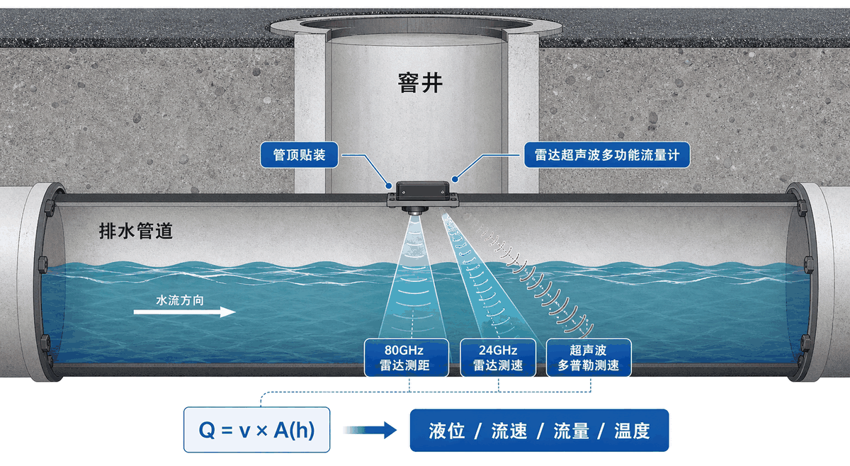 雷达超声波多功能流量计工作机制示意图