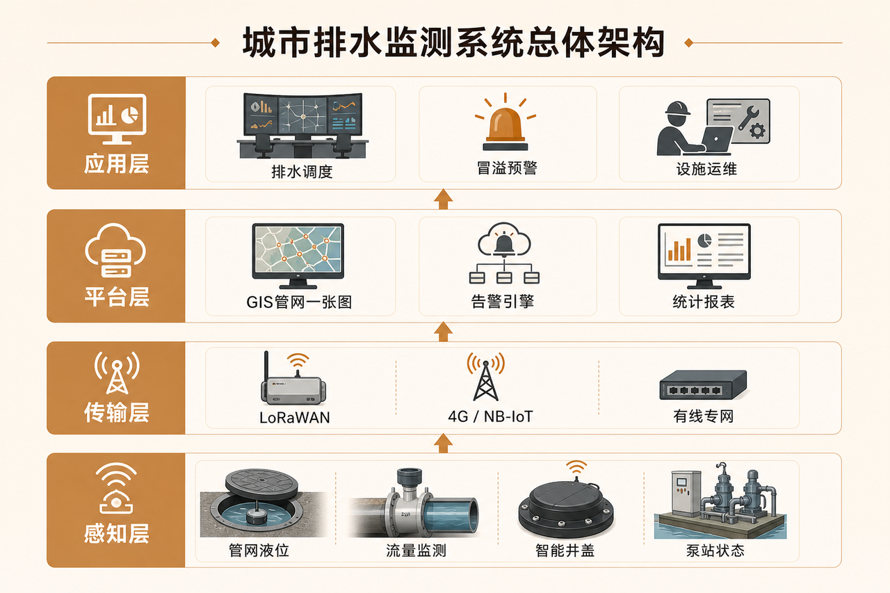 城市排水监测系统解决方案总体架构图