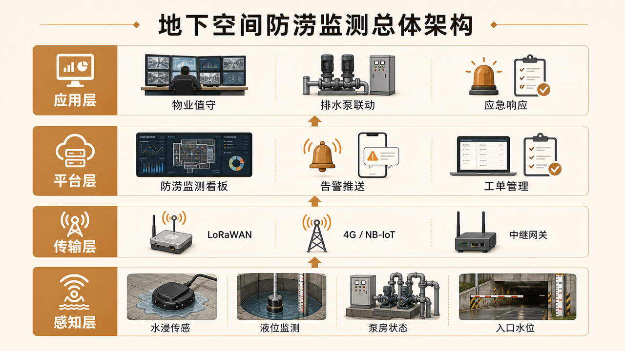 地下空间防涝监测解决方案总体架构图