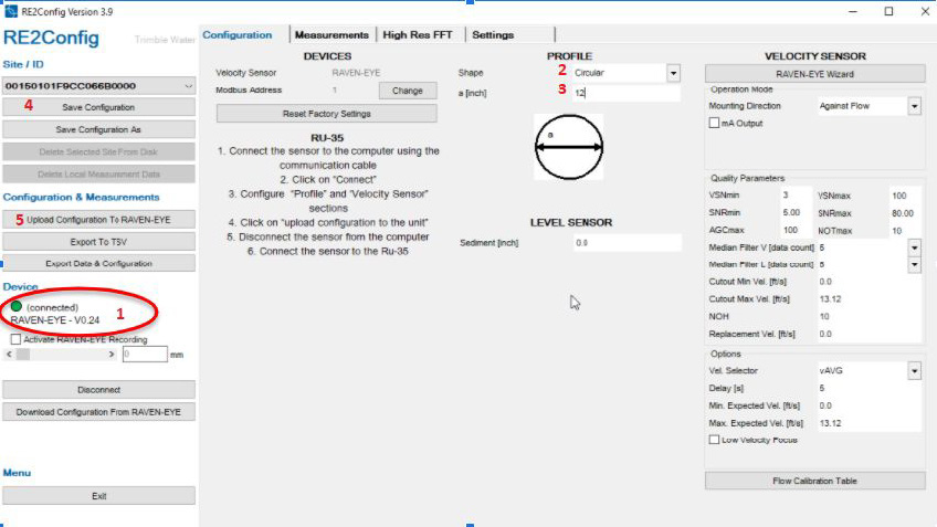 Telog Raven-Eye 2 配置界面图 Telog Raven-Eye 2 配置界面图,展示渠道断面参数与设备配置