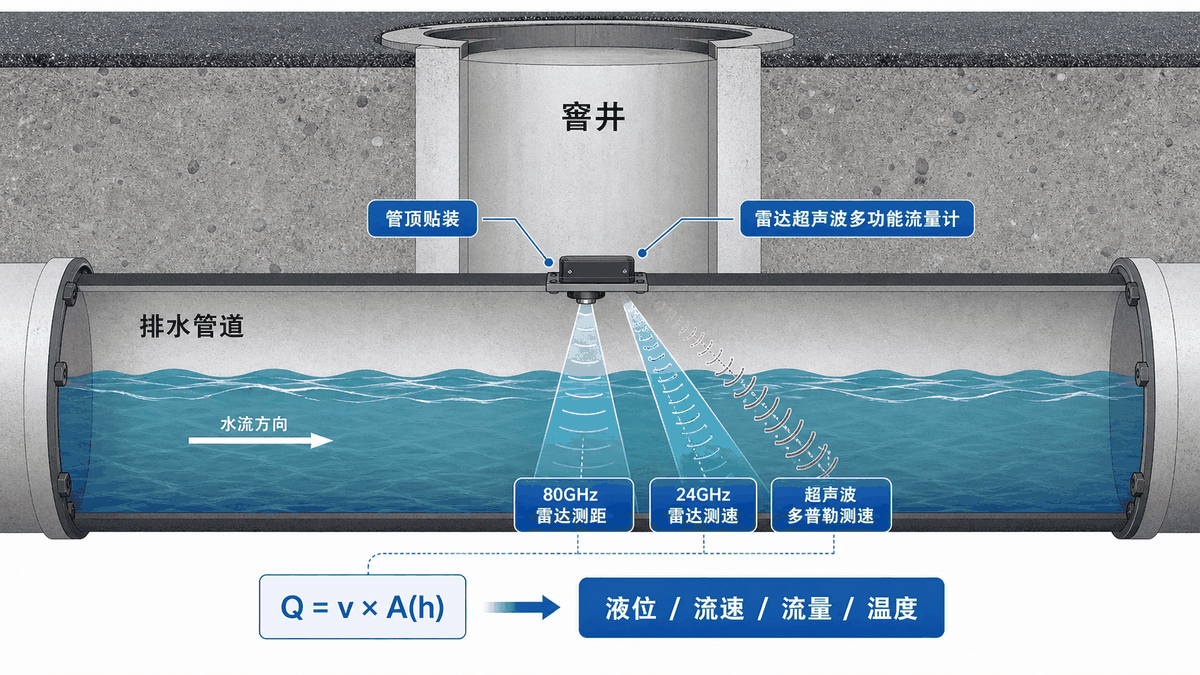 雷达超声波多功能流量计工作机制示意图 雷达超声波多功能流量计工作机制示意图